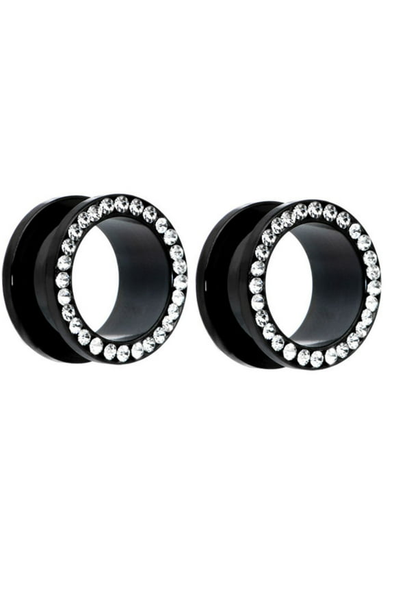 Pair of Black Titanium Clear Gem Screw Gauges Tunnels Steel Ear Plugs diamond - size=2g (6 mm)