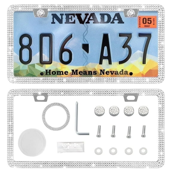 Bling Car License Plate Frames for Women 2 Pack, Push to Start Button, Car Accessories