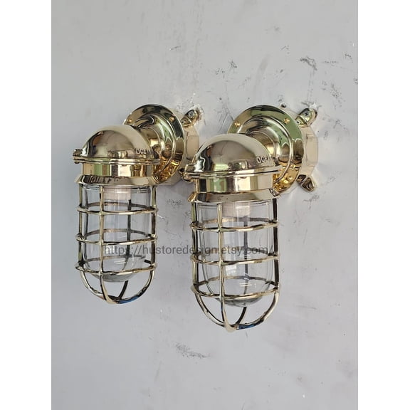 Pair of Brass Bulkhead Wall Light with Frosted Glass | Nautical Marine Sconce | Vintage Ship Cabin Light