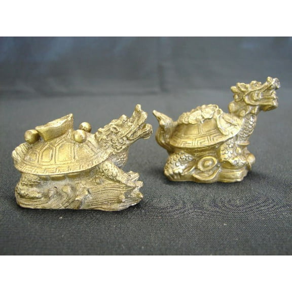 Pair of Brass Metal Dragon Tortoises by Feng Shui Import LLC