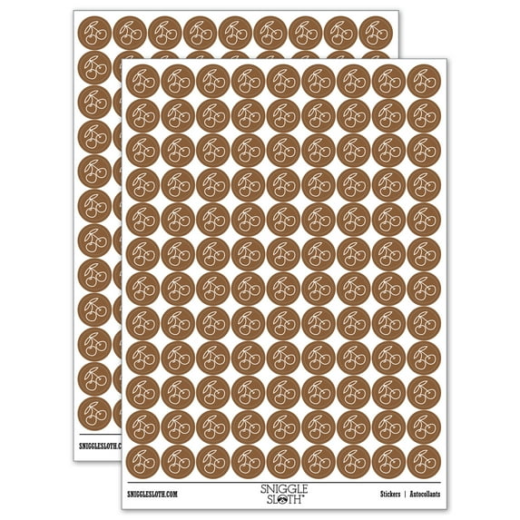Pair of Cherries Outlined 200+ Round Stickers - Brown - Matte Finish - 0.50" Size