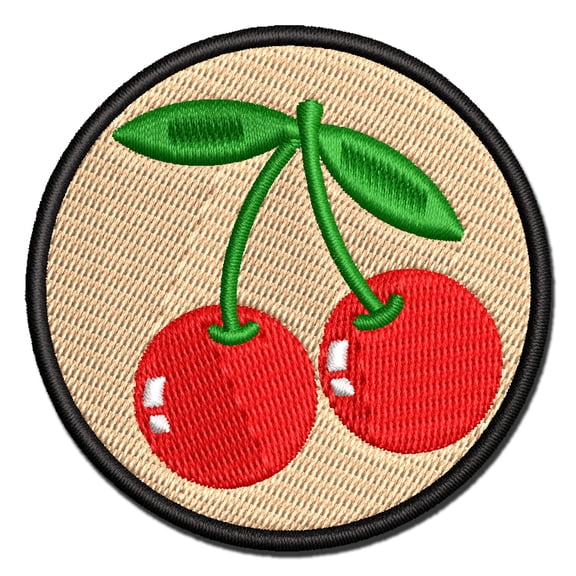 Pair of Cherries on Stem Cherry Fruit Applique Multi-Color Embroidered Iron-On Patch - 2.0 Inch Mini