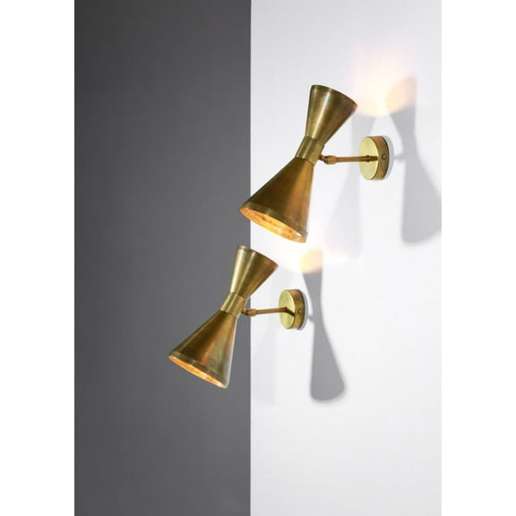 Pair of Contemporary Italian Diabolos Wall Sconces  Solid Brass Double Cone Wall Lights  Modern Home Lighting Fixtures  Mid-Century Wall Decor