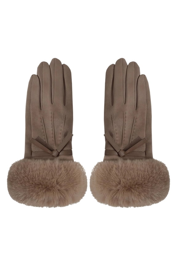 Pair of Dark Brown Faux Suede Women Gloves, Faux Fur Cuff Touchscreen Plush Lined Warm Stylish Lightweight Winter Outdoor