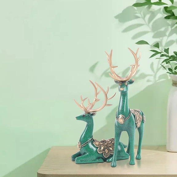 Pair of Deer Statues Resin Figurines Hand-Colored Gold Inlay Standing and Laying Deer Home Office Desk Decor