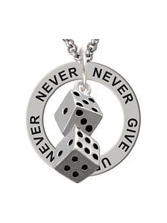 Pair of Dice Never Never Never Give Up Affirmation Ring Necklace