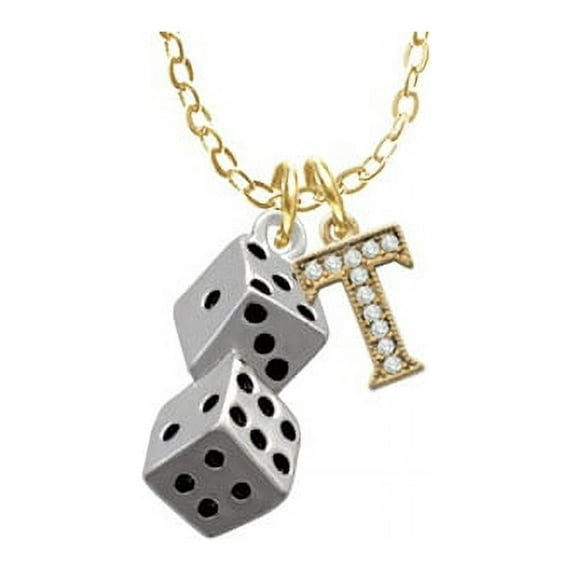 Pair of Dice - T - Gold Tone Crystal Initial Sophia Necklace, 18"+1"