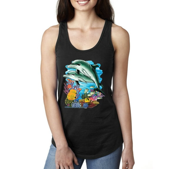 Pair of Dolphins Swimming in Ocean Animal Lover Ladies Racerback Tank Top, Black, Large