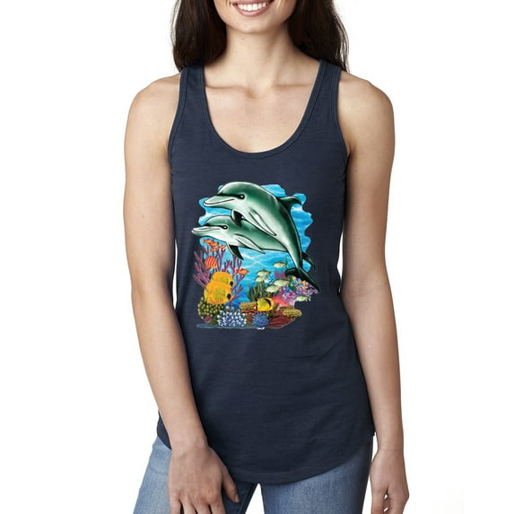 Pair of Dolphins Swimming in Ocean Animal Lover Ladies Racerback Tank Top, Navy, Medium