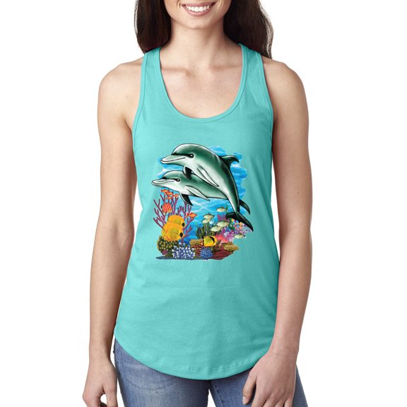 Pair of Dolphins Swimming in Ocean Animal Lover Ladies Racerback Tank Top, Tahiti Blue, Small