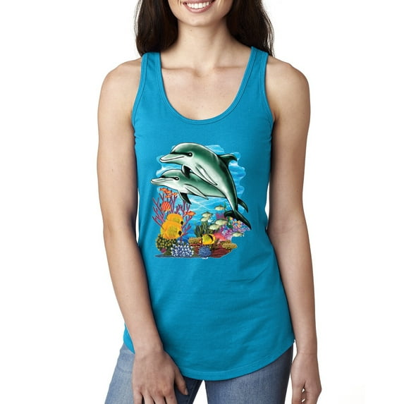 Pair of Dolphins Swimming in Ocean Animal Lover Ladies Racerback Tank Top, Turquoise, Large