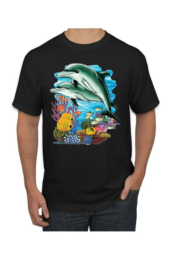 Pair of Dolphins Swimming in Ocean Animal Lover Men's Graphic T-Shirt, Black, Small