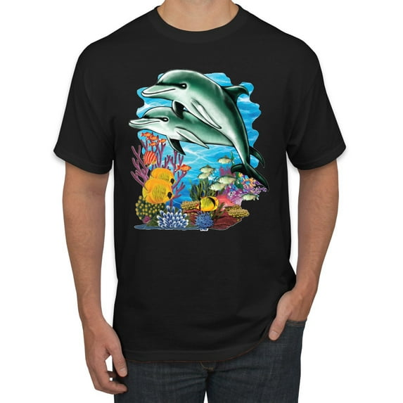 Pair of Dolphins Swimming in Ocean Animal Lover Men's Graphic T-Shirt, Black, X-Large