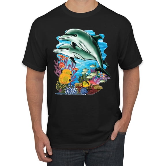 Pair of Dolphins Swimming in Ocean Animal Lover Men's Graphic T-Shirt, Black, X-Large