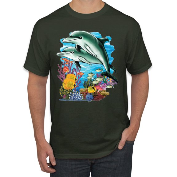 Pair of Dolphins Swimming in Ocean Animal Lover Men's Graphic T-Shirt, Forest Green, Small