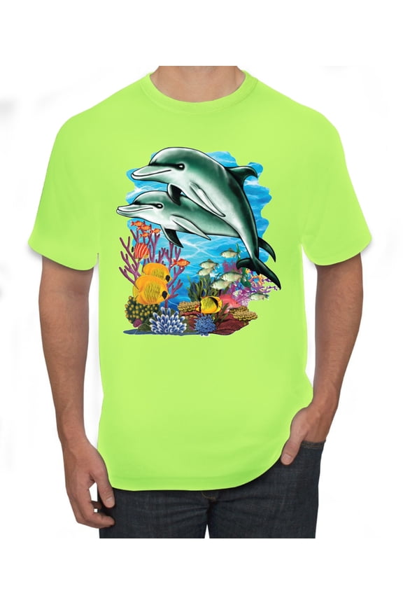 Pair of Dolphins Swimming in Ocean Animal Lover Men's Graphic T-Shirt, Safety Green, 4XL