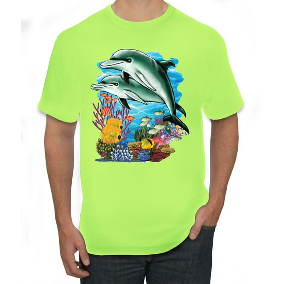 Pair of Dolphins Swimming in Ocean Animal Lover Men's Graphic T-Shirt, Safety Green, Medium