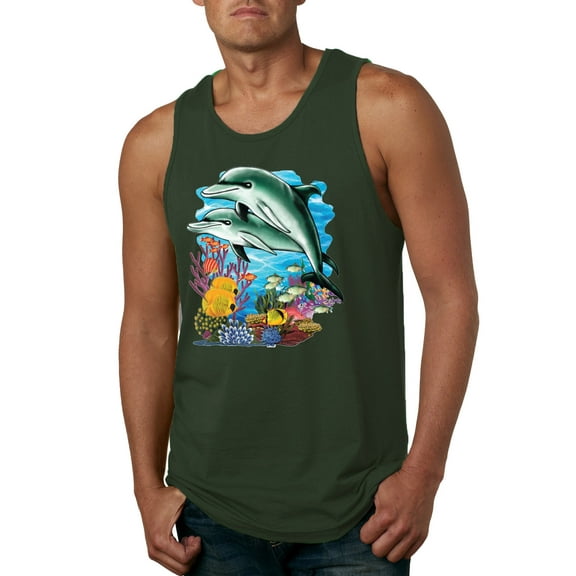 Pair of Dolphins Swimming in Ocean Animal Lover Mens Graphic Tank Top, Forest Green, 3XL
