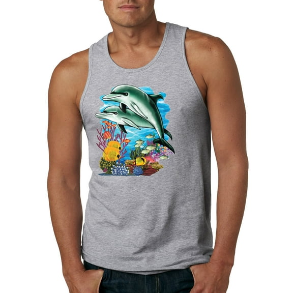 Pair of Dolphins Swimming in Ocean Animal Lover Mens Graphic Tank Top, Heather Grey, 2XL