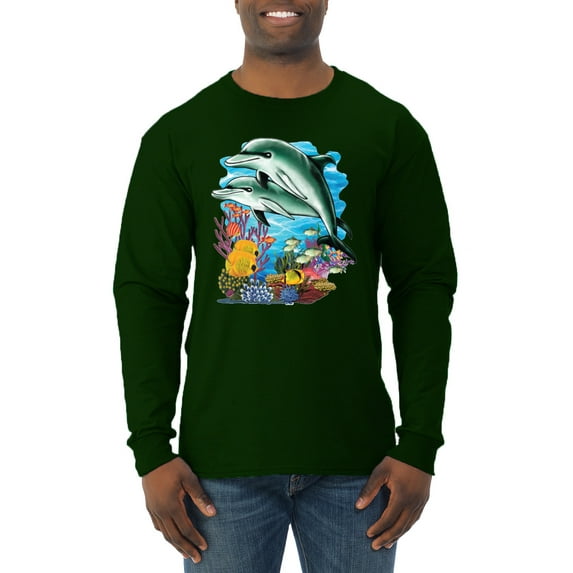 Pair of Dolphins Swimming in Ocean Animal Lover Mens Long Sleeve Shirt, Forest Green, 3XL