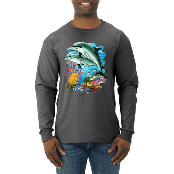 Pair of Dolphins Swimming in Ocean Animal Lover Mens Long Sleeve Shirt, Heather Black, 3XL