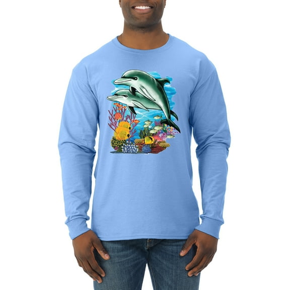 Pair of Dolphins Swimming in Ocean Animal Lover Mens Long Sleeve Shirt, Light Blue, Large