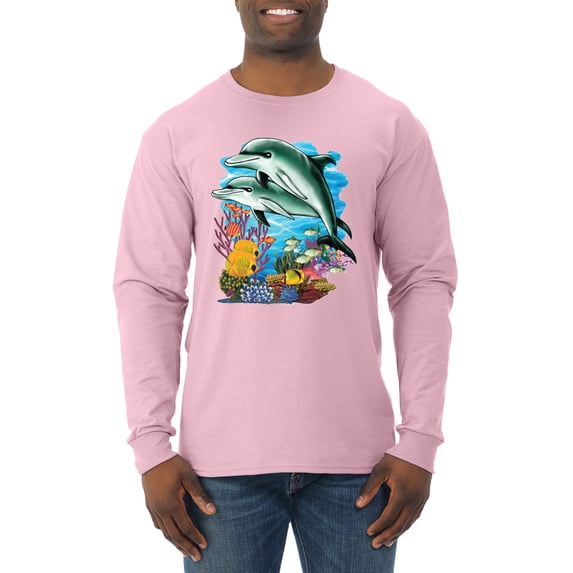 Pair of Dolphins Swimming in Ocean Animal Lover Mens Long Sleeve Shirt, Light Pink, Large