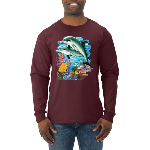 Pair of Dolphins Swimming in Ocean Animal Lover Mens Long Sleeve Shirt, Maroon, X-Large