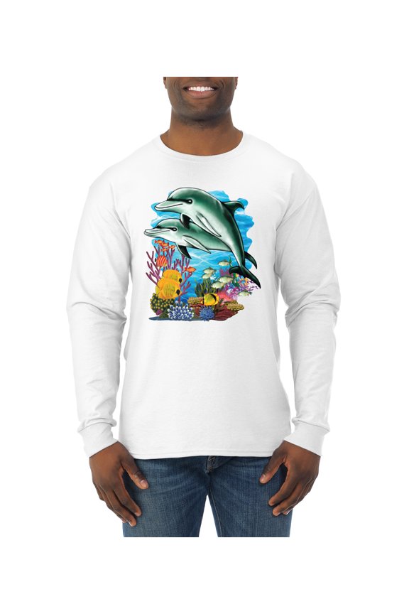 Pair of Dolphins Swimming in Ocean Animal Lover Mens Long Sleeve Shirt, White, Medium