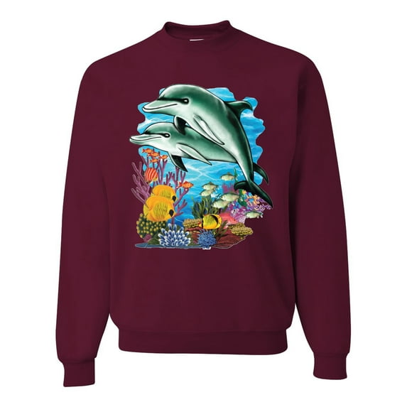 Pair of Dolphins Swimming in Ocean Animal Lover Unisex Crewneck Graphic Sweatshirt, Maroon, Large