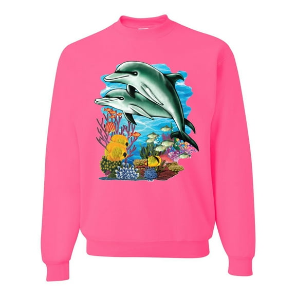 Pair of Dolphins Swimming in Ocean Animal Lover Unisex Crewneck Graphic Sweatshirt, Neon Pink, Small