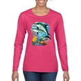 thumbnail image 1 of Pair of Dolphins Swimming in Ocean Animal Lover Womens Graphic Long Sleeve T-Shirt, Fuschia, X-Large, 1 of 3