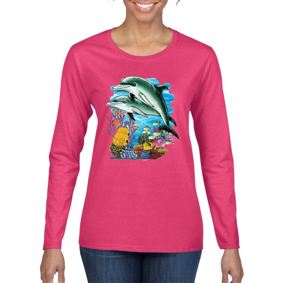 Pair of Dolphins Swimming in Ocean Animal Lover Womens Graphic Long Sleeve T-Shirt, Fuschia, X-Large