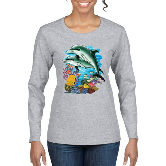 Pair of Dolphins Swimming in Ocean Animal Lover Womens Graphic Long Sleeve T-Shirt, Heather Grey, Large