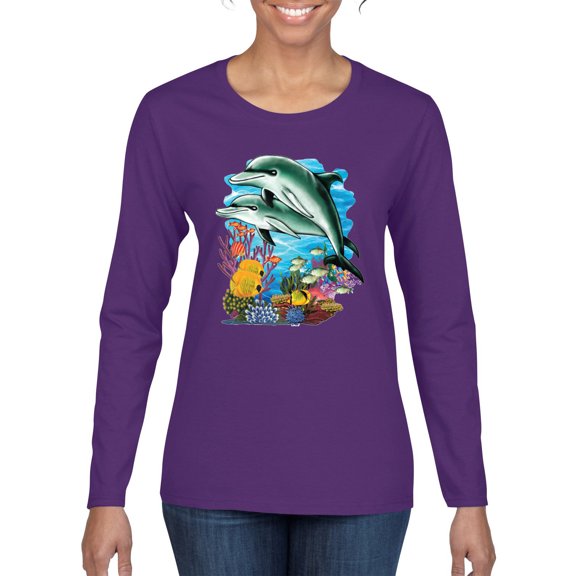 Pair of Dolphins Swimming in Ocean Animal Lover Womens Graphic Long Sleeve T-Shirt, Purple, X-Large