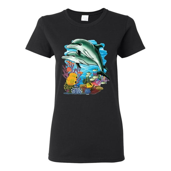 Pair of Dolphins Swimming in Ocean Animal Lover Womens Graphic T-Shirt, Black, Small