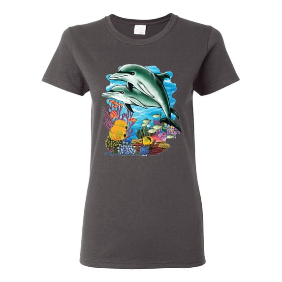 Pair of Dolphins Swimming in Ocean Animal Lover Womens Graphic T-Shirt, Charcoal, Small