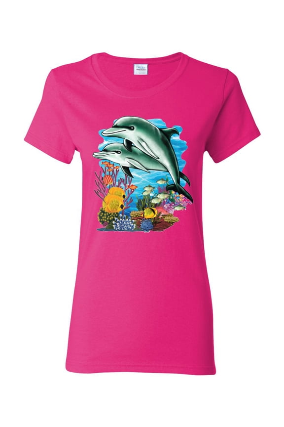 Pair of Dolphins Swimming in Ocean Animal Lover Womens Graphic T-Shirt, Fuschia, Medium
