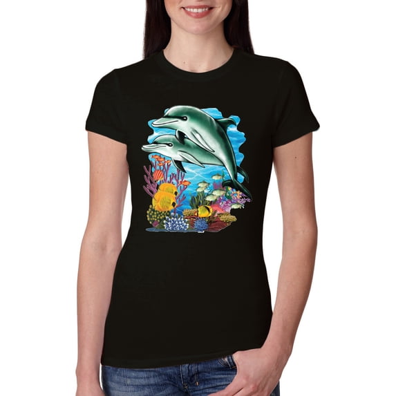 Pair of Dolphins Swimming in Ocean Animal Lover Womens Slim Fit Junior Tee, Black, Small