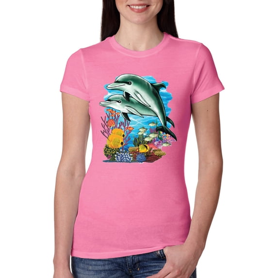 Pair of Dolphins Swimming in Ocean Animal Lover Womens Slim Fit Junior Tee, Hot Pink, Large