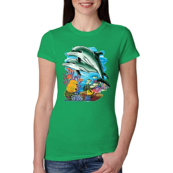 Pair of Dolphins Swimming in Ocean Animal Lover Womens Slim Fit Junior Tee, Kelly, Small