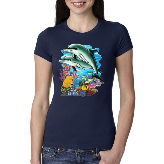Pair of Dolphins Swimming in Ocean Animal Lover Womens Slim Fit Junior Tee, Navy, Small