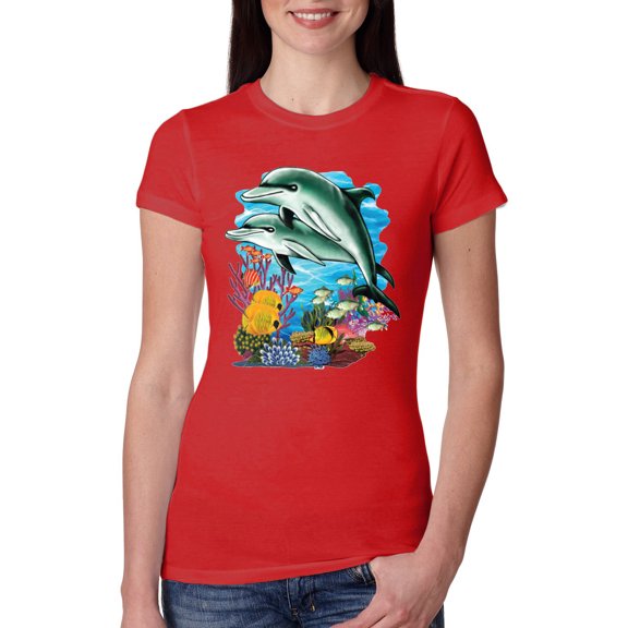 Pair of Dolphins Swimming in Ocean Animal Lover Womens Slim Fit Junior Tee, Red, Large