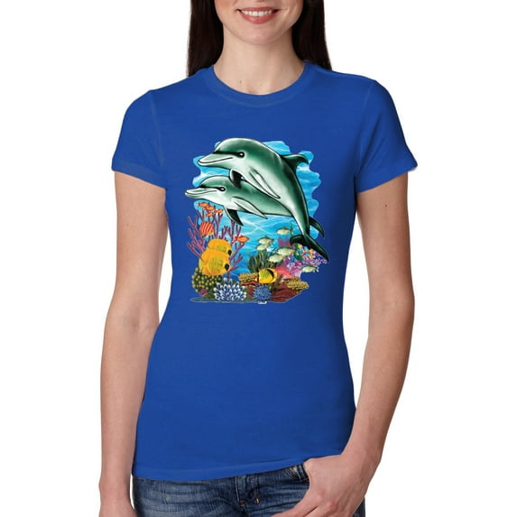 Pair of Dolphins Swimming in Ocean Animal Lover Womens Slim Fit Junior Tee, Royal, Large