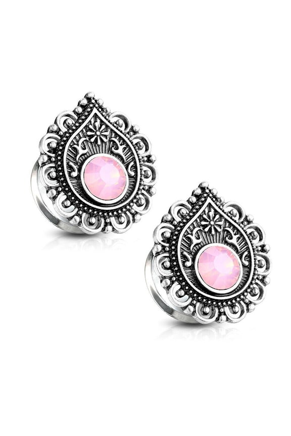 Pair of Double Flared Tunnels with Pink Opalite Stone Centered Tear Drop Filigre