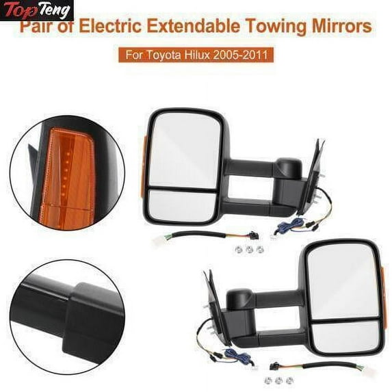 Pair of Electric Extendable Towing Mirrors for Toyota Hilux 2005-2011 Black