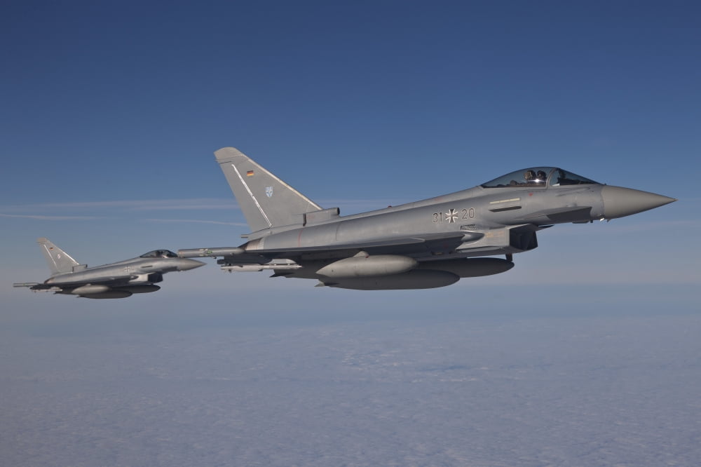 Pair of Eurofighter Typhoon aircraft of the German Air Force Canvas Art - Timm ZiegenthalerStocktrek Images (35 x 23)