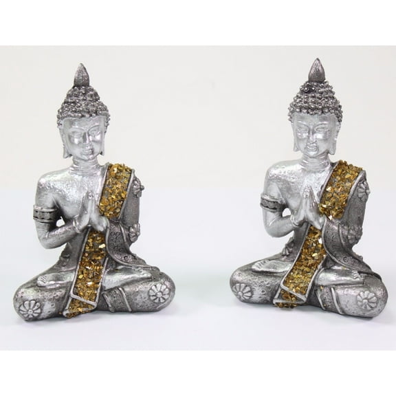 Pair of Feng Shui 4" Thai Earth Touching Meditating Silver Buddha Statues -D