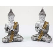 Pair of Feng Shui 4 Thai Earth Touching Meditating Silver Buddha Statues -D