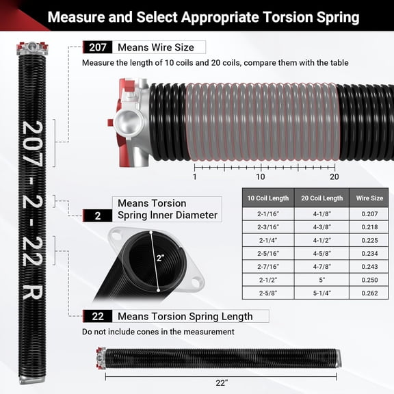 Pair of Garage Door Spring 0.207 x 2" x 22" (Pair), 18000 Cycles Garage Spring Door Replacement, Heavy-Duty & Long-Lasting Garage Door Torsion Spring